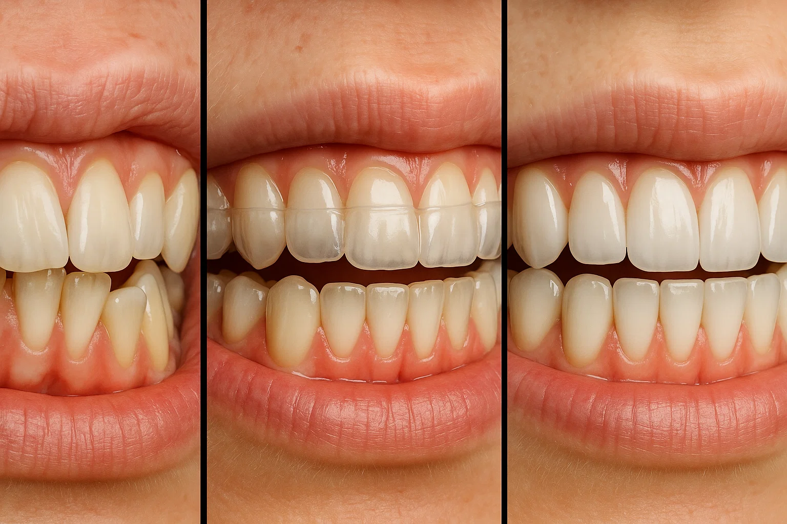 three photos where teeth alignment is made with invisalign